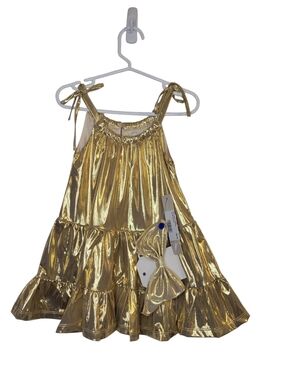 Isobella And Chloe Metallic Gold Tie-Strap Tiered Dress with Matching Bow